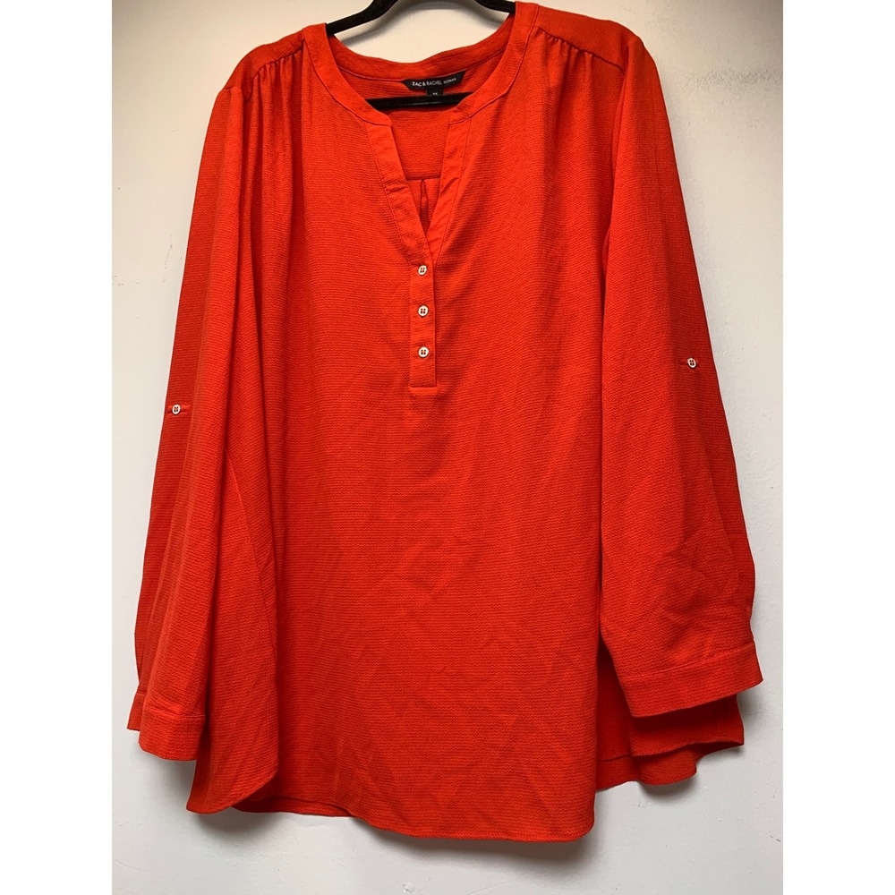 Zac & Rachel Blouse Women 2X Orange Excellent Henley Roll Tab Sleeve Tunic